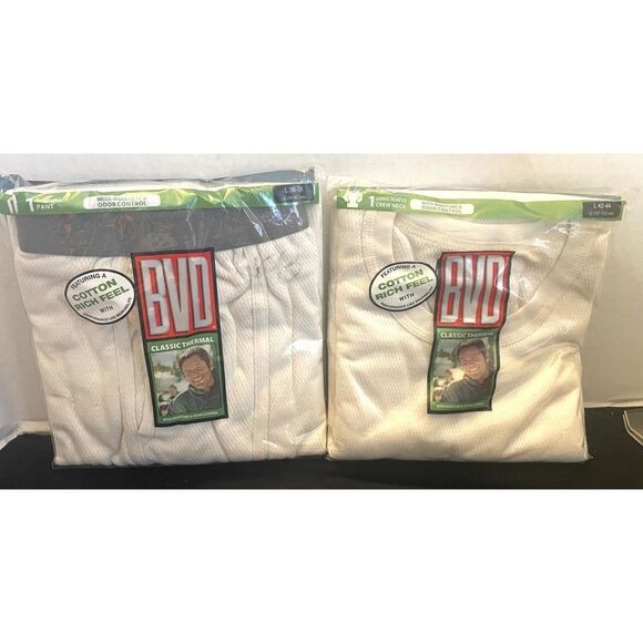 BVD Mens Thermal Long Johns Large 42-44 Cream Underwear Pants & Shirt NWT - Picture 1 of 6